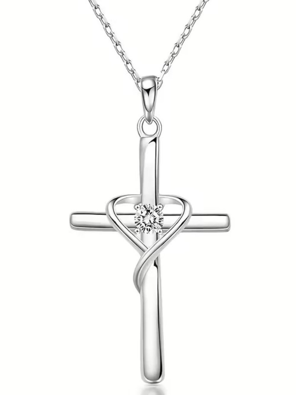 Silver Faith Cross Heart Necklace Crystal Pendant Christian Jewelry Gift for Her